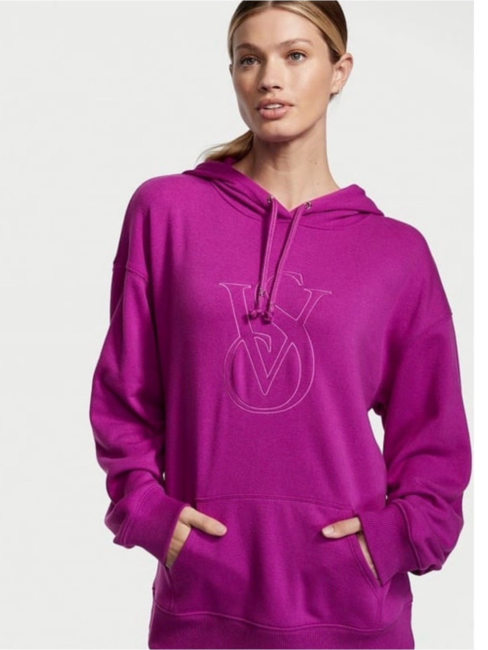Victoria's Secret Fuchsia Stretch Fleece Pullover Hoodie Embroidered VS Logo